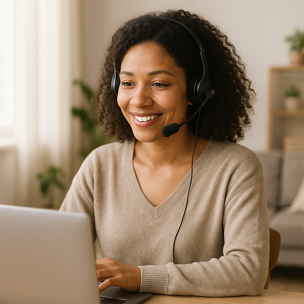 A friendly professional customer support scene showing a calm approachable person helping remotely using a laptop or headset Modern natural setting wi-1 A friendly professional customer support scene showing a calm approachable person helping remotely using a laptop or headset Modern natural setting wi-1