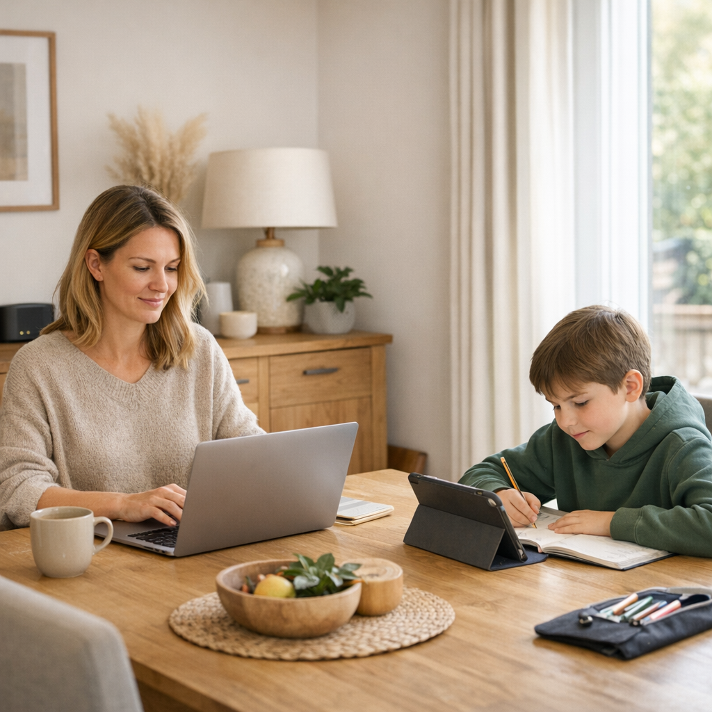 Calm modern UK family dining area in natural daylight a parent working on a laptop and a child doing homework with a tablet at the same table discreet Calm modern UK family dining area in natural daylight a parent working on a laptop and a child doing homework with a tablet at the same table discreet