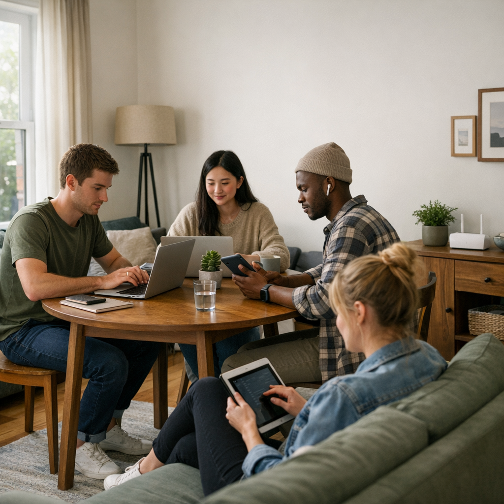 Calm modern UK shared rental living room in natural daylight with a small dining table used as a shared workspace several young adults using laptops a Calm modern UK shared rental living room in natural daylight with a small dining table used as a shared workspace several young adults using laptops a