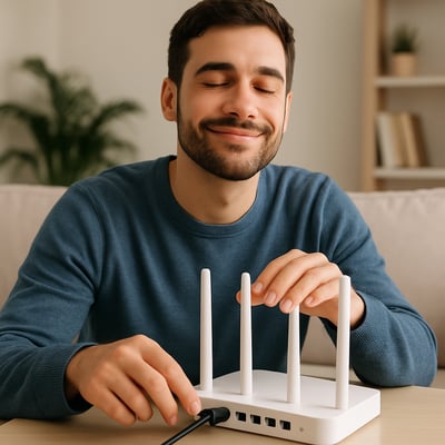 Create an image that represents a user feeling calm and relaxed about their switch of internet provider such as them plugging in a new router or enjoy-1