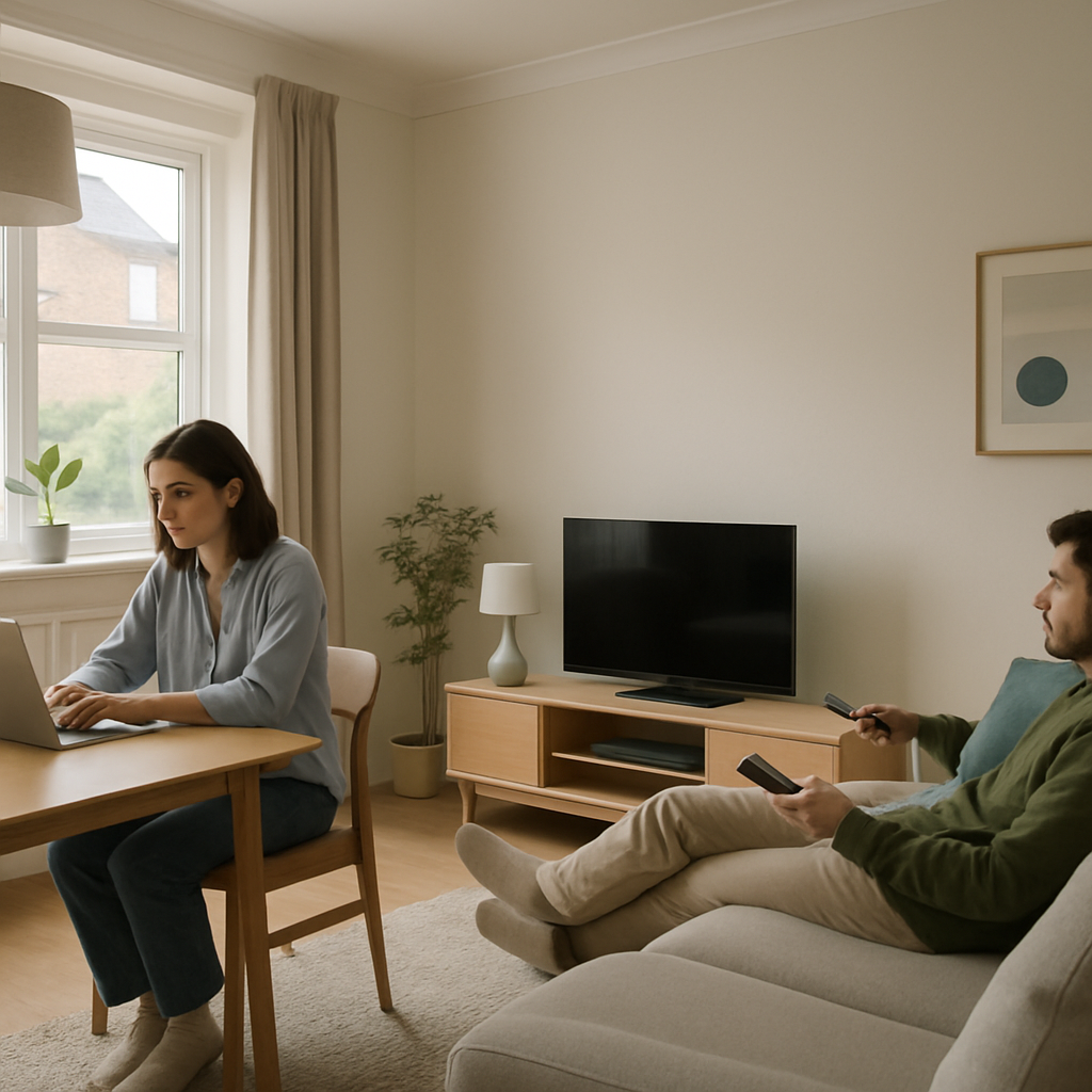 photographic A calm modern UK home interior showing one or two people using the internet naturally such as browsing on a laptop or watching TV The sce