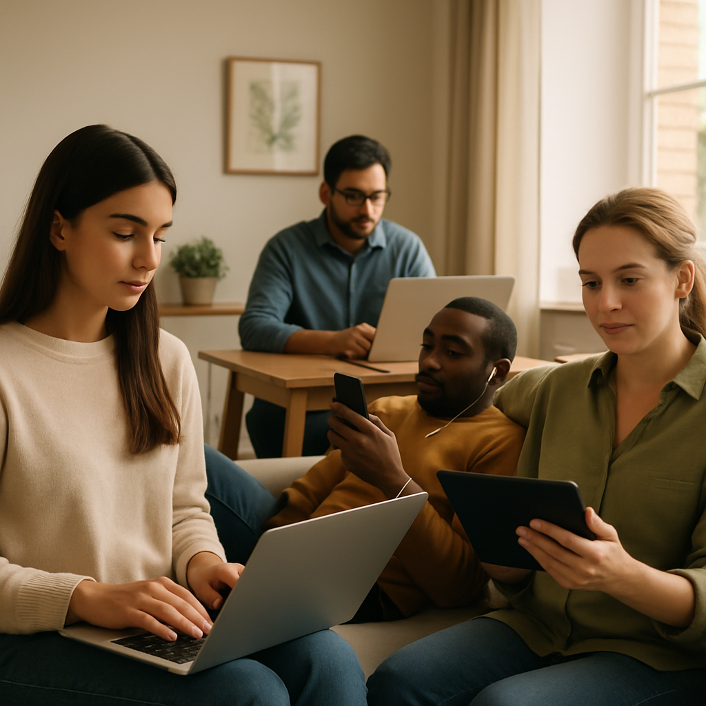 photographic A modern UK home scene showing several people of diverse backgrounds using the internet at once such as one person working on a laptop wh photographic A modern UK home scene showing several people of diverse backgrounds using the internet at once such as one person working on a laptop wh