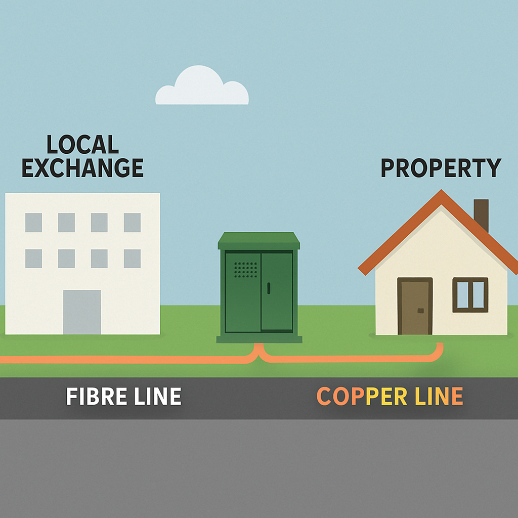 An image representing part fibre showing an overview of the network from the local exchange on a fibre line to the cabinet then on a copper line from-1 An image representing part fibre showing an overview of the network from the local exchange on a fibre line to the cabinet then on a copper line from-1