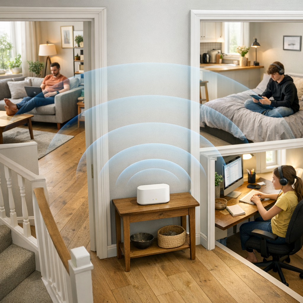 Clean, modern UK home interior in natural daylight, shown from a gentle floor plan-style angle with a discreet broadband router in a central hallway and calm Wi‑Fi signal arcs reaching different rooms where people are using devices naturally.