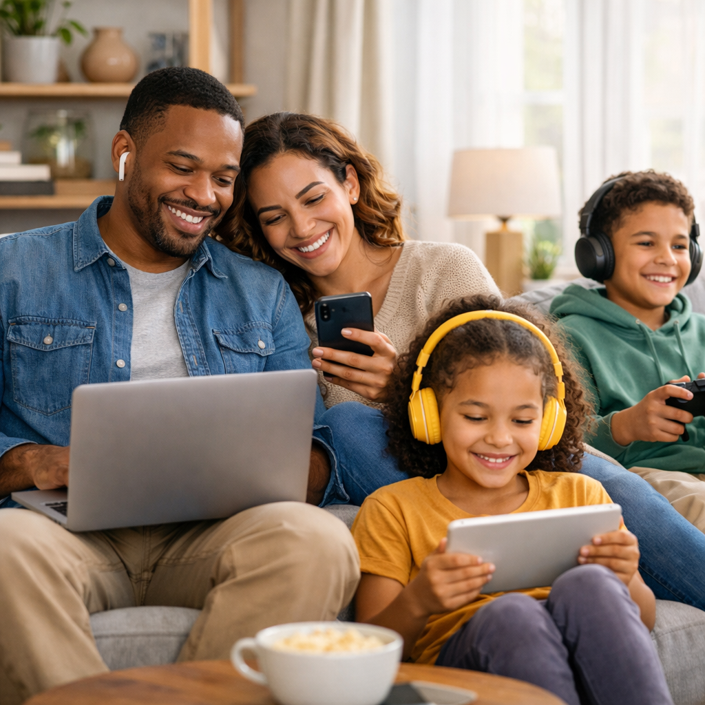 Create an image of a diverse family feeling relaxed whilst using the internet as they have switched providers without hassle and with ease Do not have