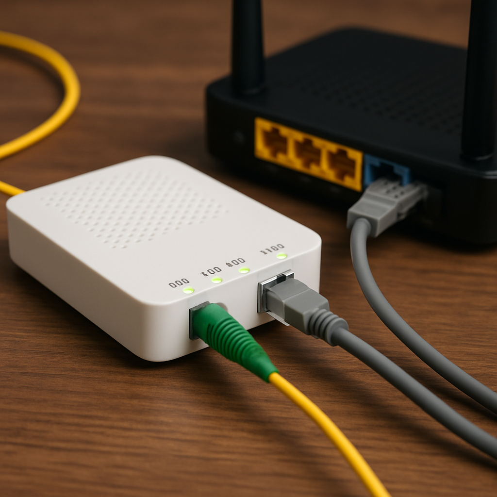 photographic Create an image showing a fibre optic cable connected to an ONT and then the ONT connected to a router via an ethernet cable-1